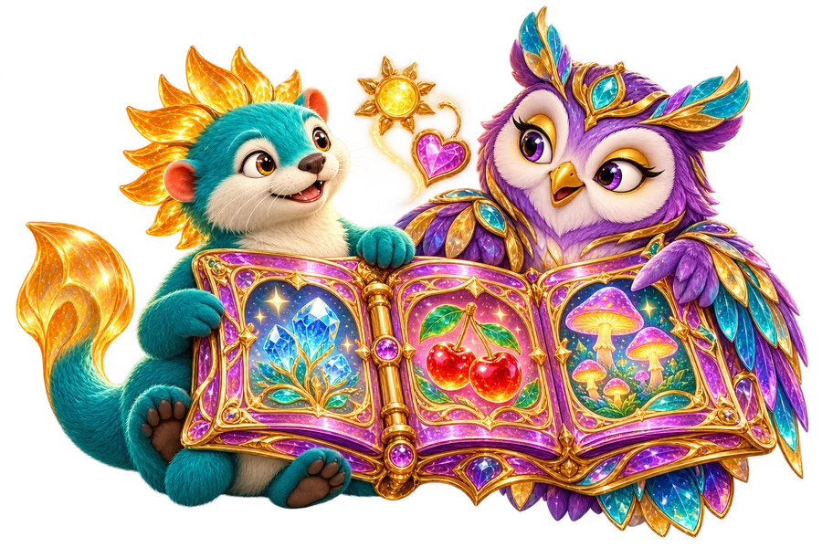 Brio and a mythical amethyst owl share an illustrated album of crystal, fruit and woodland slot worlds.