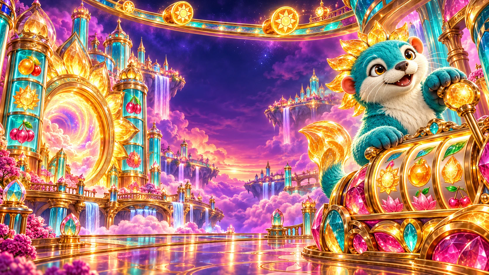 Brio welcomes you to a floating sun arcade, with turquoise reel towers, golden portals and a jewelled social-slot machine.